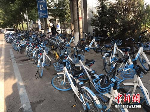 部門無序停放的共享單車。中新網(wǎng) 吳濤 攝