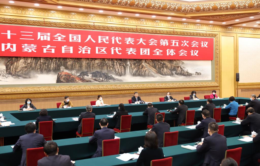 3月5日，习近平总书记参加十三届全国人大五次会议内蒙古代表团的审议。新华社记者 黄敬文 摄