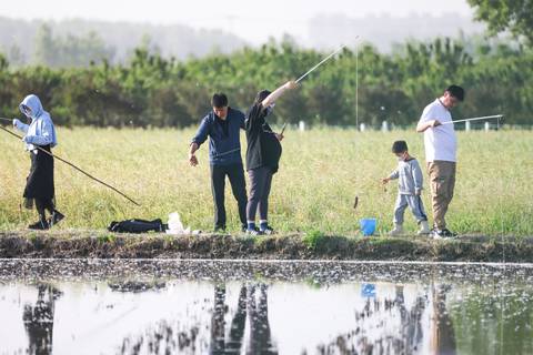 肥東縣梁園鎮(zhèn)護(hù)城社區(qū)一農(nóng)場內(nèi)，市民們在蝦塘里垂釣，享受快樂生活。羅祥勇 攝